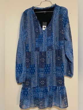 Mexx Blue Patterned Long-Sleeve V-Neck Dress